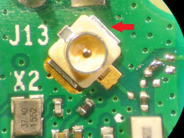 Raspberry Pi bottom view, showing U.FL connector overlaid on the provided mounting pads